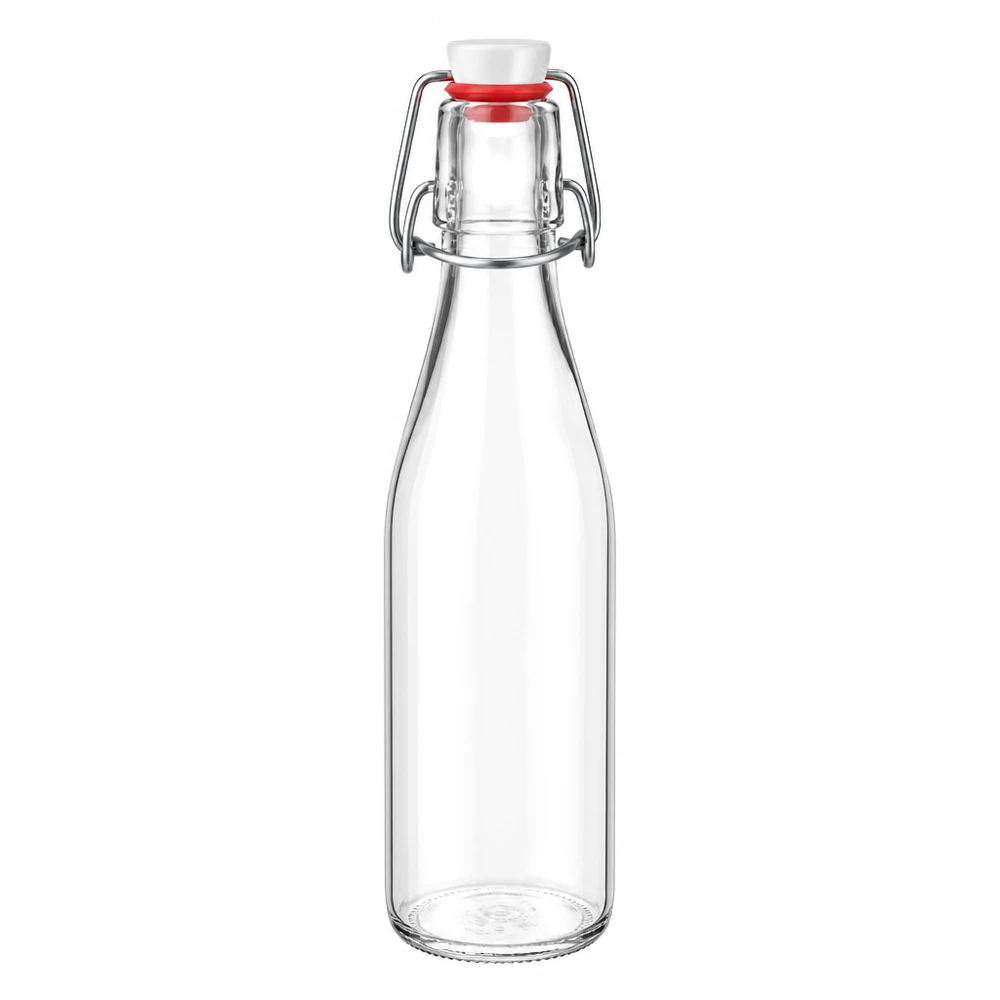 Glazen fles 250 ml + draaidop PVC UNiTWIST 250 ml glazen fles met draaidop en witte kurk, transparant glas, PVC UNiTWIST systeem voor drankjes