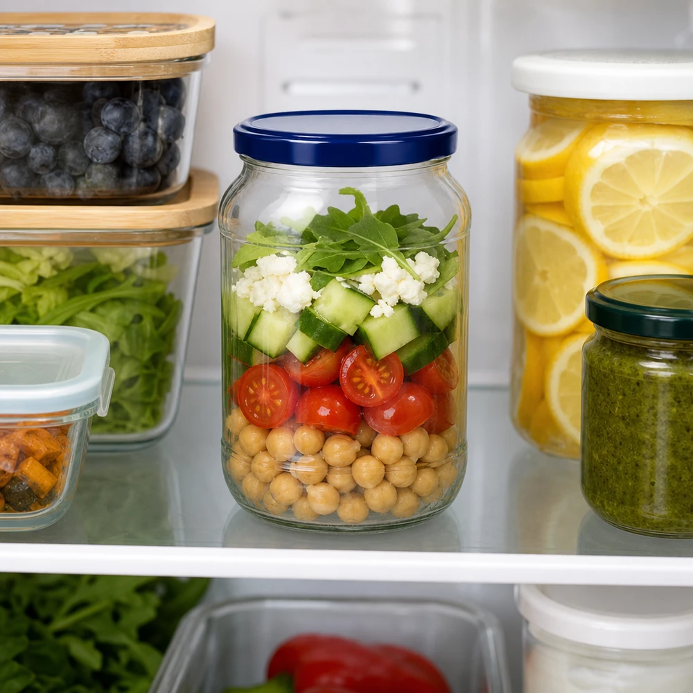 1062ml rond glas met BasicSeal deksel blauw UNiTWIST 1062ml ronde pot UNiTWIST blauw deksel gelaagde salade kikkererwten tomaten komkommer feta koelkast maaltijd prep pot
