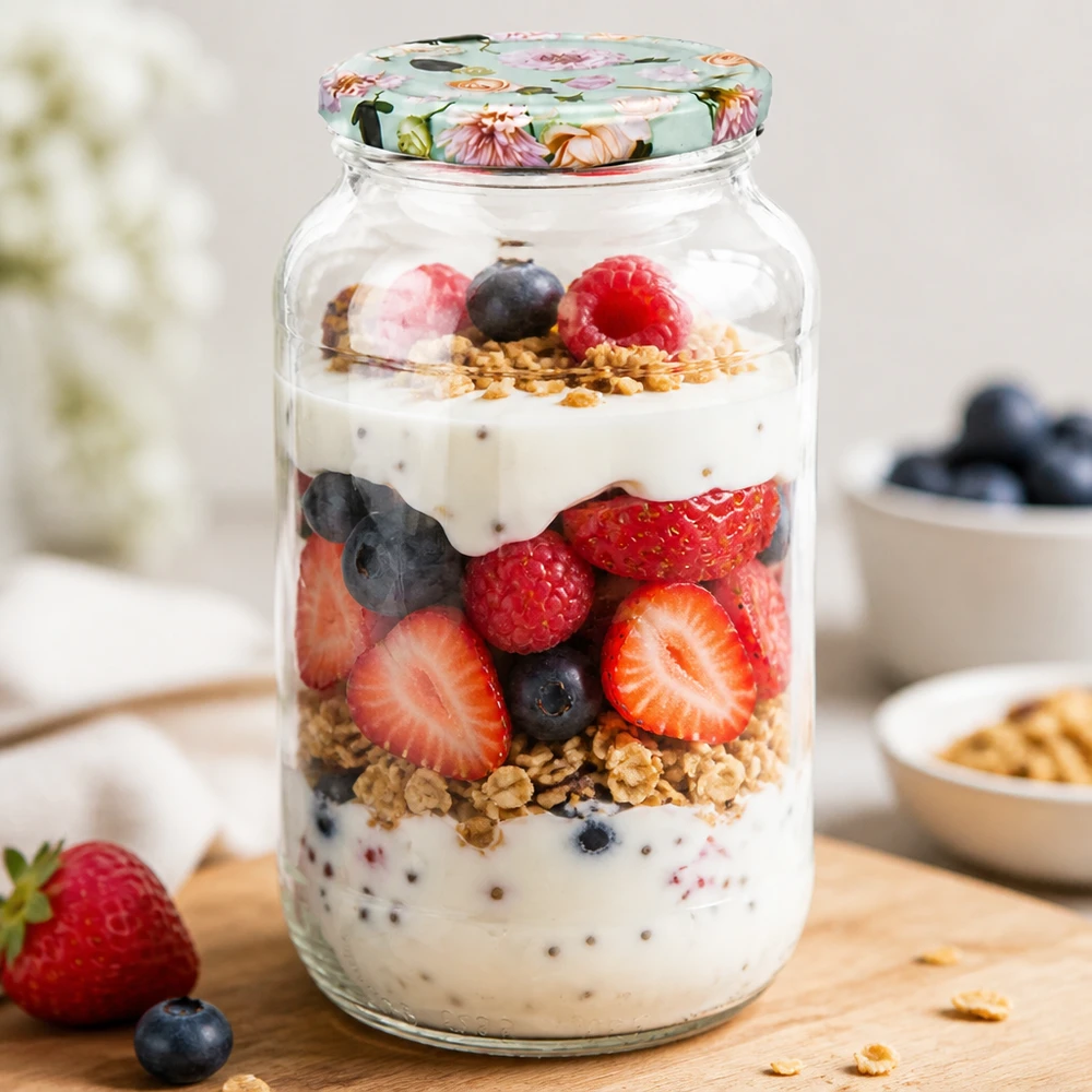 Ronde pot 1062ml met BasicSeal deksel bloem mint als overnight oats pot gevuld met yoghurt bessen en granola