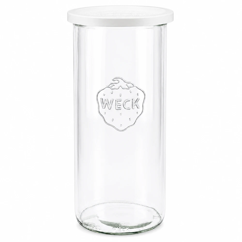 1500ml stortglas met vershouddeksel WECK RR100 WECK inmaakpot 1500ml RR100 transparant met wit deksel frontaal gefotografeerd toont gegraveerd merklogo