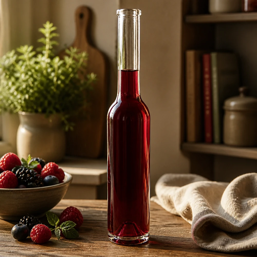 200 ml glazen fles Hugo zonder sluiting UNiTWIST® 200ml glazen fles Hugo rood gevuld met bessenlikeur frambozen bramen keuken setting warme sfeer lifestyle