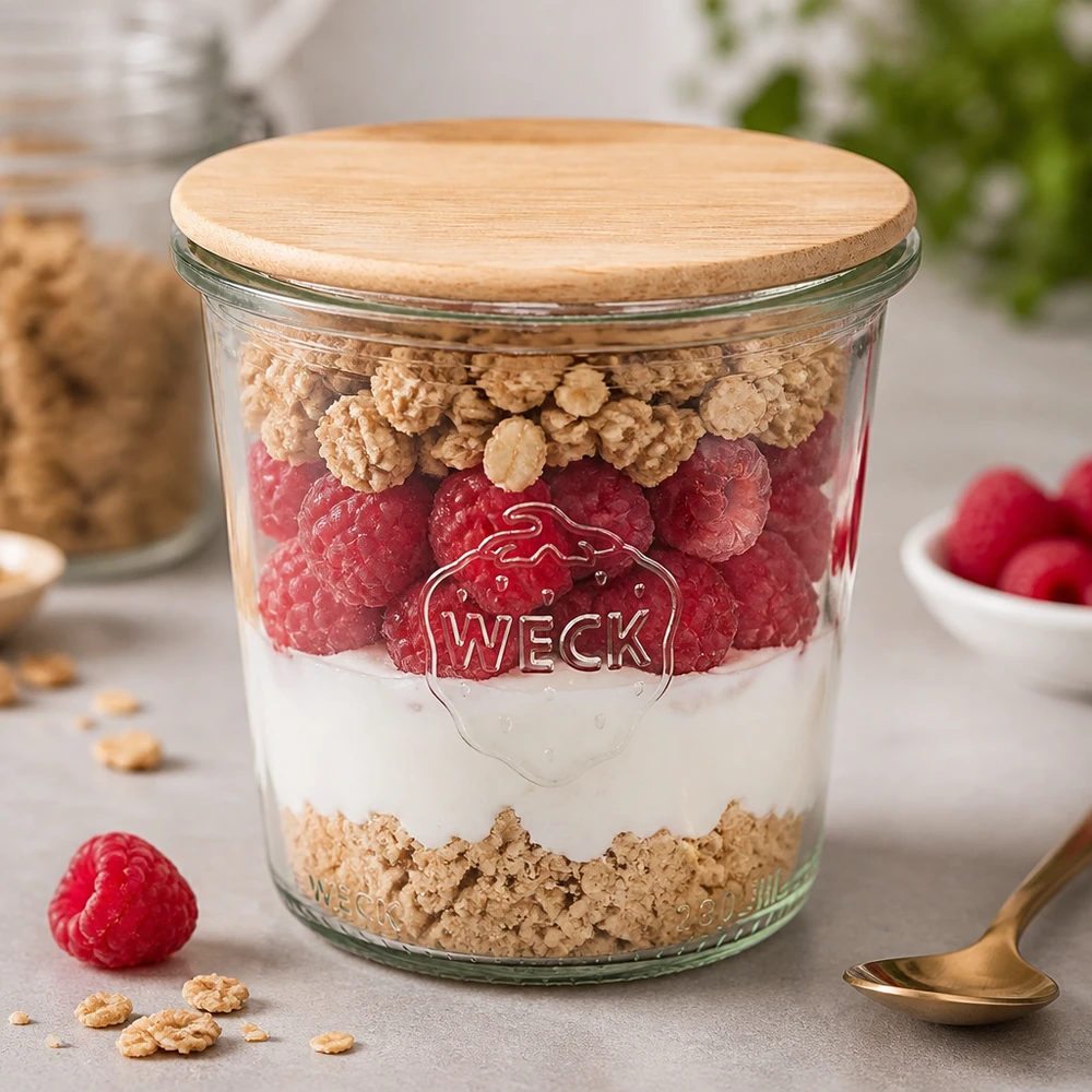 WECK beker 290ml RR80 met houten deksel als dessert pot met yoghurt frambozen en muesli in de keuken