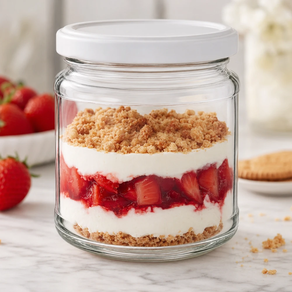 212ml rond glas met BasicSeal deksel wit UNiTWIST 212 ml ronde pot met BasicSeal deksel als dessertpot voor aardbeientrifle met slagroom en hagelslag - veelzijdig gebruik