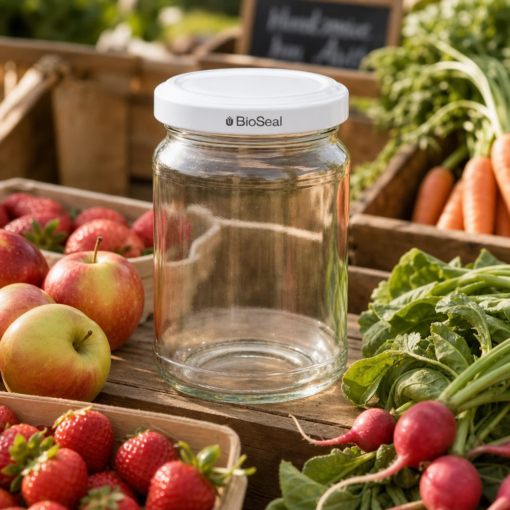 UNiTWIST Runda205 inmaakpot met wit TO58 BioSeal deksel tussen vers fruit en groenten bij de marktkraam