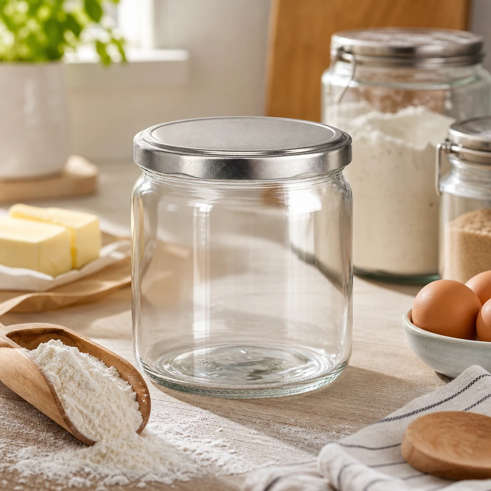 408ml ronde pot met BasicSeal deksel zilver leeg in keuken tussen bakingrediënten bloem eieren boter voorraadpot keuken tafereel