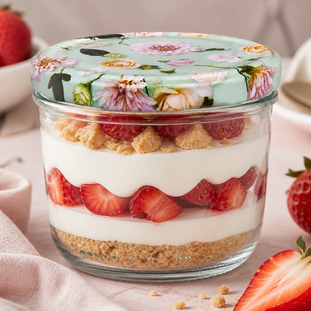 Glazen van 230 ml + BasicSeal-deksel met muntbloem UNiTWIST Sturzglas 230ml mit BasicSeal Deckel Blume mint als stylische Dessertschale für Tiramisu mit Erdbeeren verwendet