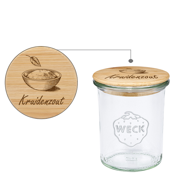 Houten dekselset "Kruidenzout" met WECK bekers 160ml Houten dekselset "Kruidenzout" met WECK bekers 160ml