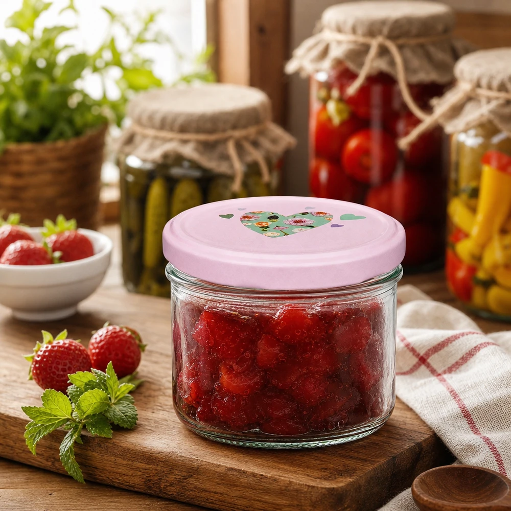 230 ml cilindervormige pot met roze hartvormig deksel gevuld met aardbeienjam op een houten plank in een rustieke keuken