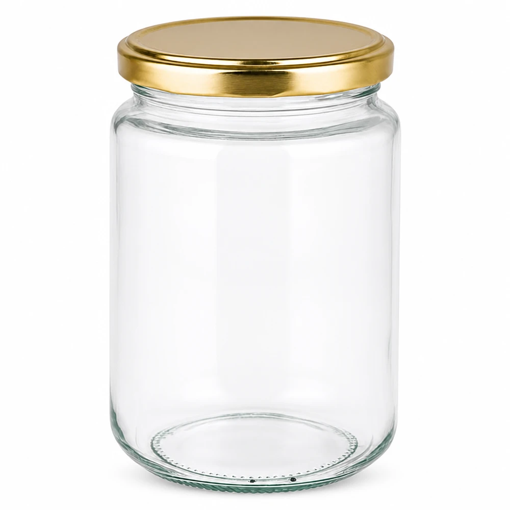 382ml rond glas met BasicSeal deksel goud UNiTWIST Elegantes 382ml Rundglas mit goldenem Twist-off Deckel für Marmelade Honig und Konserven von Glas-Fabrik.de