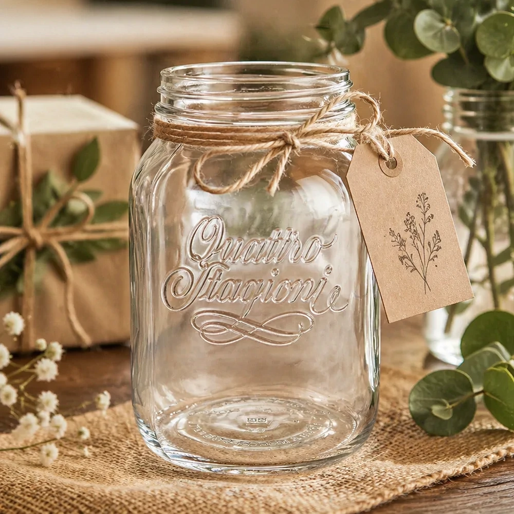 3000ml Quattro Stagioni huishoudglas met jute koord en hanger op rustieke houten tafel met decoratie
