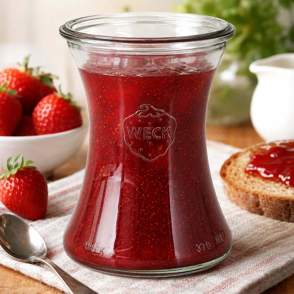 WECK RR80 delicatessenpot van 370 ml WECK delicatessenpot 370ml RR80 gevuld met rode aardbeienjam in een gezellige ontbijtsetting met toast