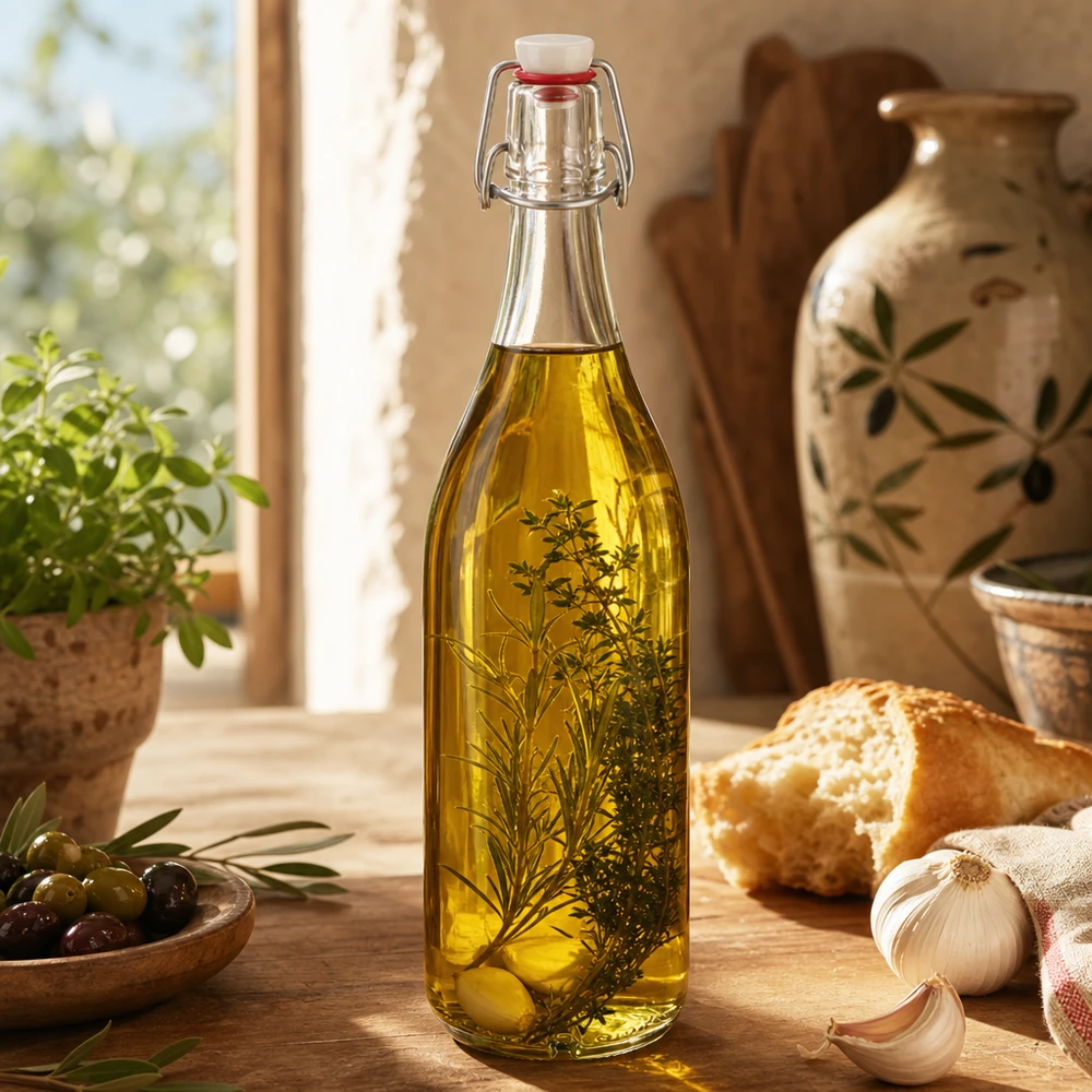 Glazen fles van 1000 ml + porseleinen slingerdop UN... Glasflasche 1000ml mit Kräuteröl befüllt zeigt vielseitige Verwendung für Küche und Aufbewahrung
