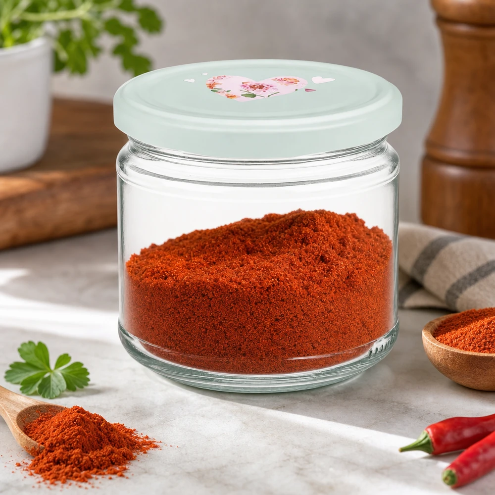 Ronde pot van 330 ml + deksel BasicSeal mint hart UNiTWIST 330ml ronde pot gevuld met rode paprika BasicSeal deksel hartjesmotief mint kruidenpot voorraadpot keuken