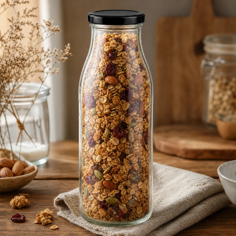 500ml fles met BasicSeal deksel zwart UNiTWIST 500ml Glasflasche mit schwarzem Deckel gefüllt mit Müsli und Nüssen auf Holztisch rustikale Küchendeko