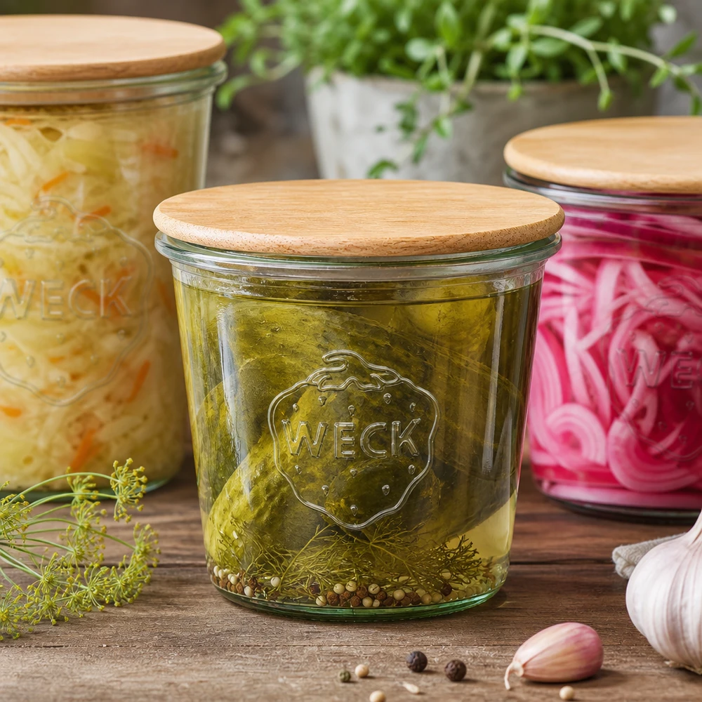WECK 580 ml glazen pot met houten deksel gevuld met ingemaakte augurken, keukenscène met verse kruiden en knoflook