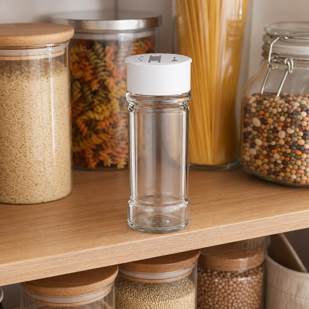 Zout-/kruidenpotje 100 ml met dubbele strooier, wit Klein kruidenpotje van 100 ml met een wit plastic deksel op een houten plank tussen de voorraadpotten