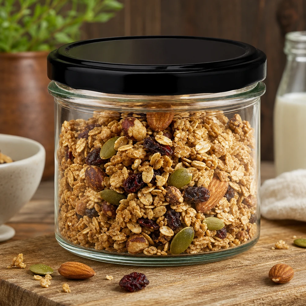 225ml bekers met BasicSeal deksel zwart UNiTWIST 225 ml mason jar met zwart deksel gevuld met muesli en noten - praktische voedselopslag