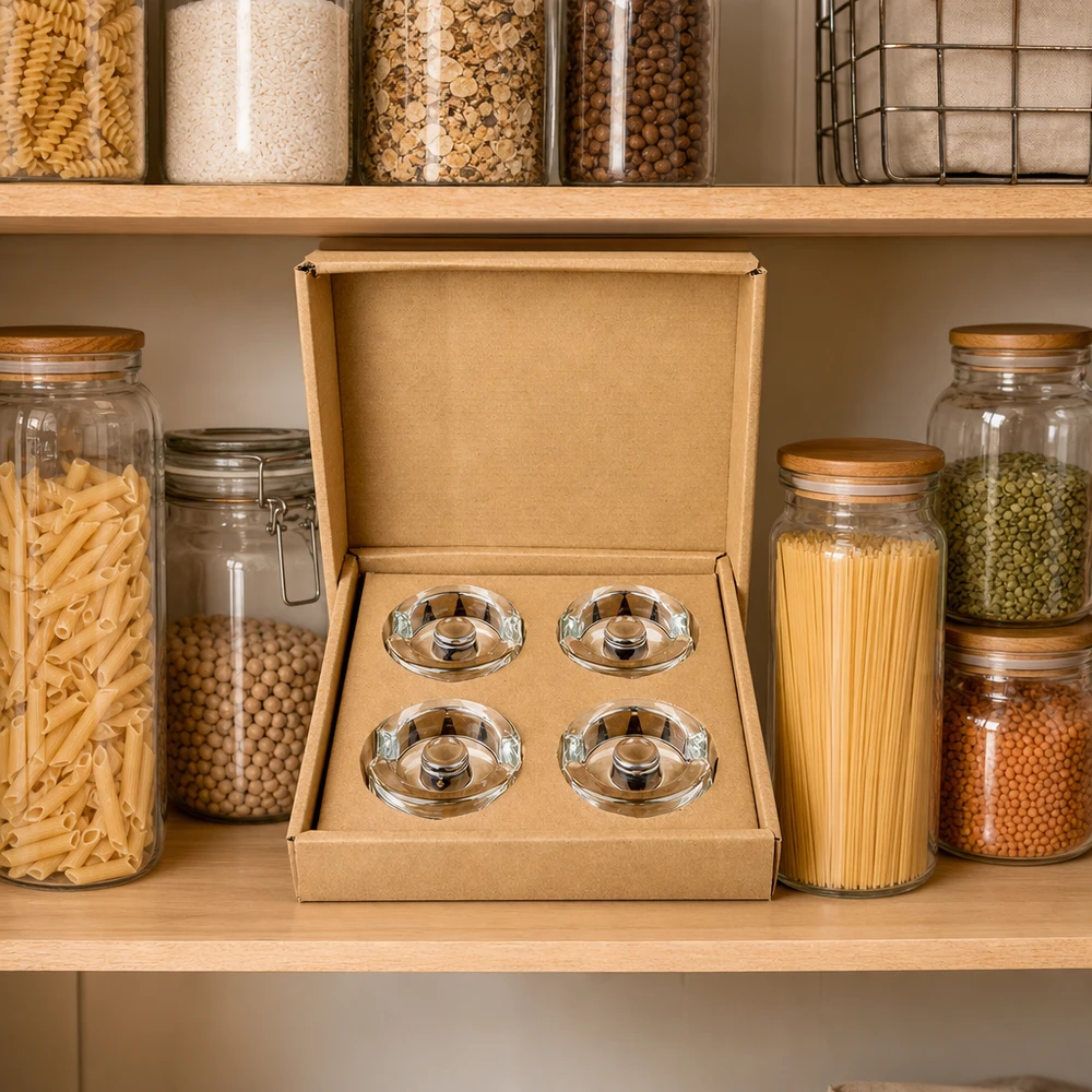Fermentatieglasgewichten met verzonken greep, set van 4 UNiTWIST fermentatie pot gewichten set van 4 in opbergrek tussen inmaakpotten met pasta en peulvruchten