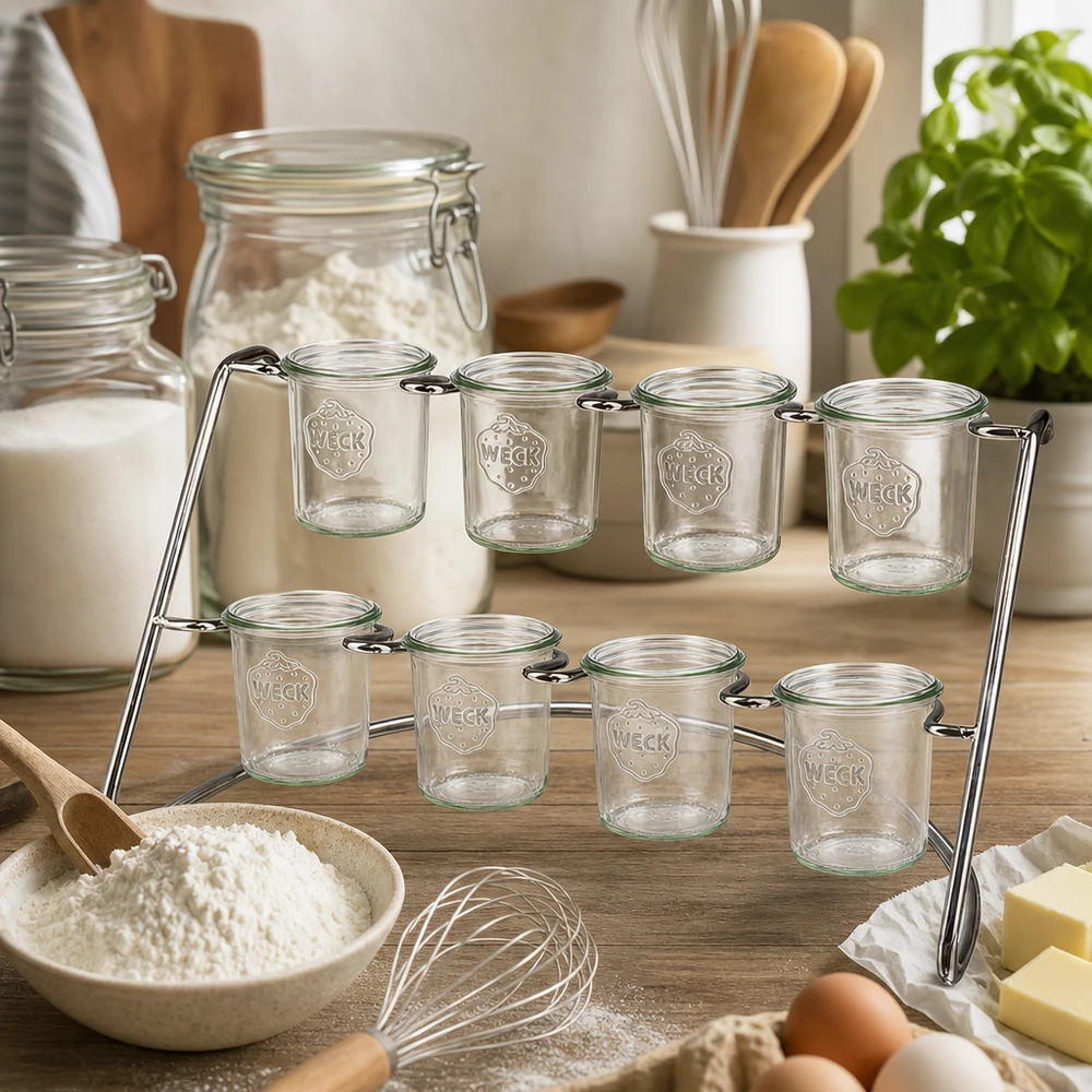 WECK Flato8 serveerrek in een moderne keuken met bakingrediënten en lege bekers voor kruiden en proviand