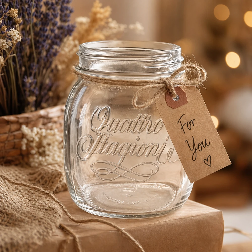 700ml Quattro Stagioni huishoudglas met cadeaulabel op een rustieke houten tafel met lavendeldecoratie