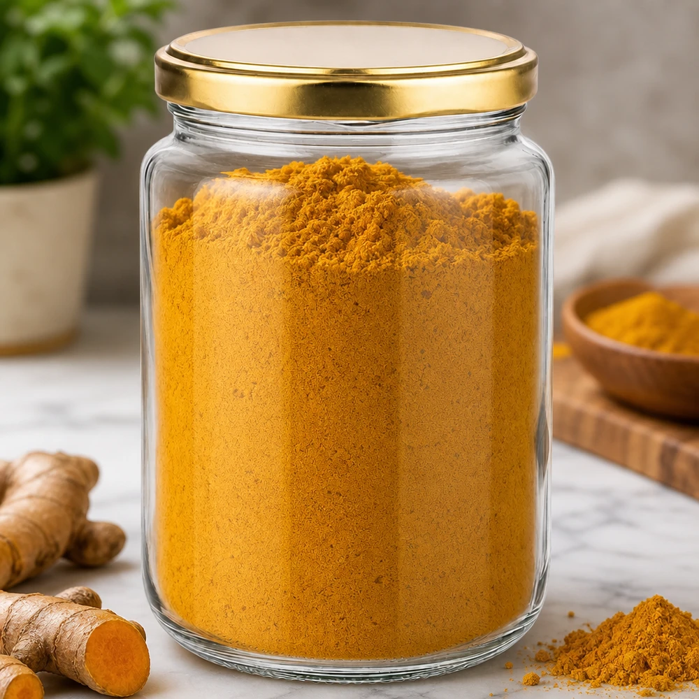 795ml rond glas met BasicSeal deksel goud UNiTWIST 795 ml rond potje met gouden UNiTWIST deksel gevuld met kurkumapoeder voor het bewaren van kruiden in de keuken