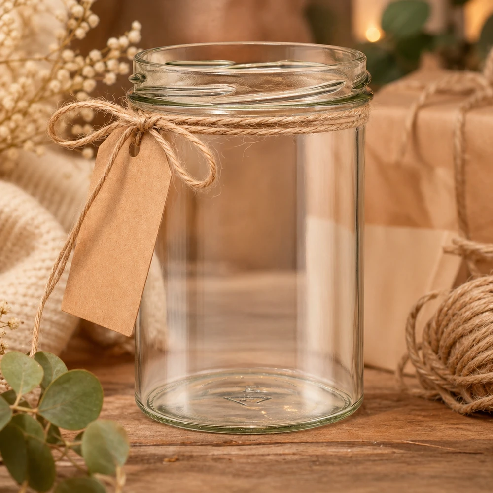 435ml beker zonder deksel (TO82) UNiTWIST UNiTWIST Sturz435 inmaakpot 435ml decoratief met jute koord en cadeaulabel op een rustieke houten tafel