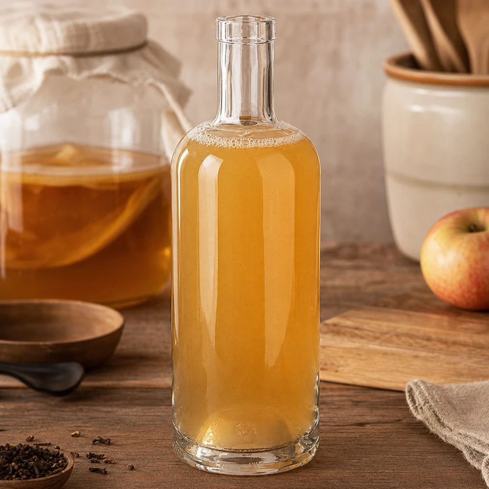 750 ml glazen fles Emma zonder sluiting UNiTWIST® 750ml glazen fles Emma gevuld met appelciderazijn in rustieke keuken naast appel en keukengerei op houten plank