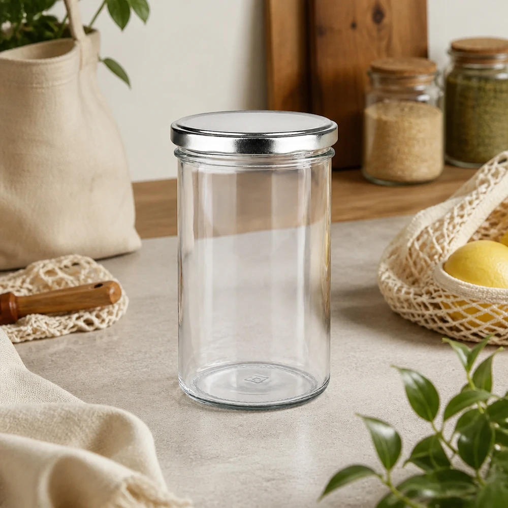 277ml bekers met BasicSeal deksel zilver UNiTWIST 277 ml bekers met BasicSeal deksel zilver in duurzame zero-waste keuken naast mandjes en voorraadpotten
