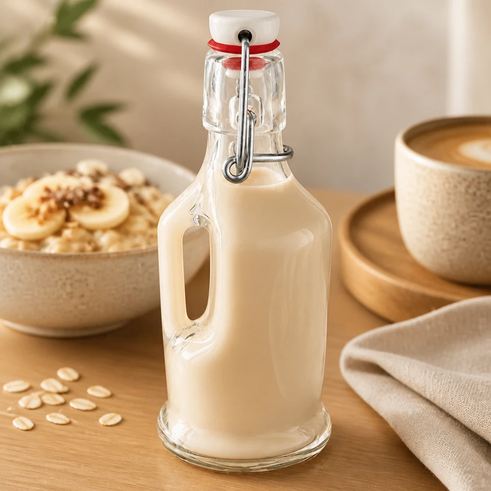 200 ml glazen fles Bertha en PVC-sluiting UNiTWIST® Glasflasche Bertha 200ml mit cremiger Hafermilch befüllt, Bügelverschluss UNiTWIST, Frühstücksszene mit Müsli und Kaffee