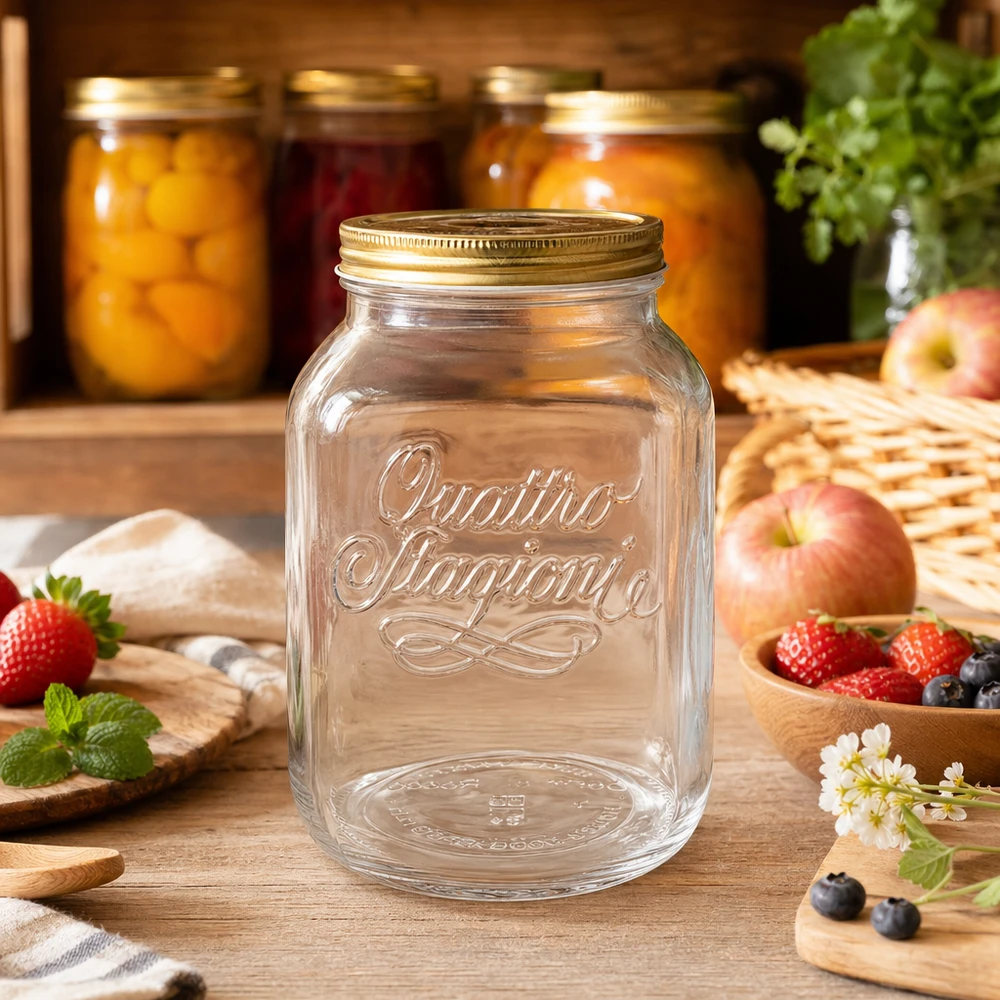 3000 ml rond glas "Quattro Stagioni" met deksel 3000ml Quattro Stagioni inmaakpot in een rustieke keuken met vers fruit en conserven op de achtergrond
