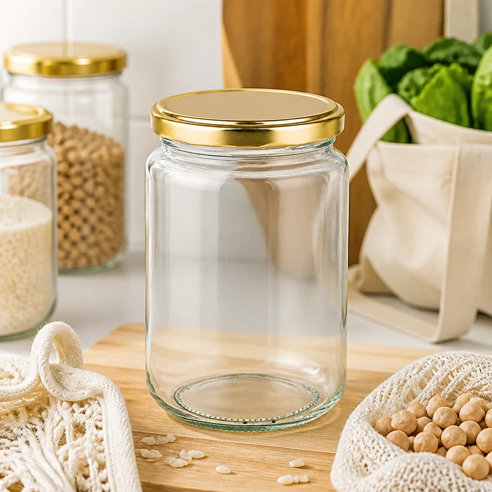 382ml rond glas met BasicSeal deksel goud UNiTWIST Elegantes 382ml Rundglas mit goldenem BasicSeal Deckel in moderner Küche mit Hülsenfrüchten und Gemüse