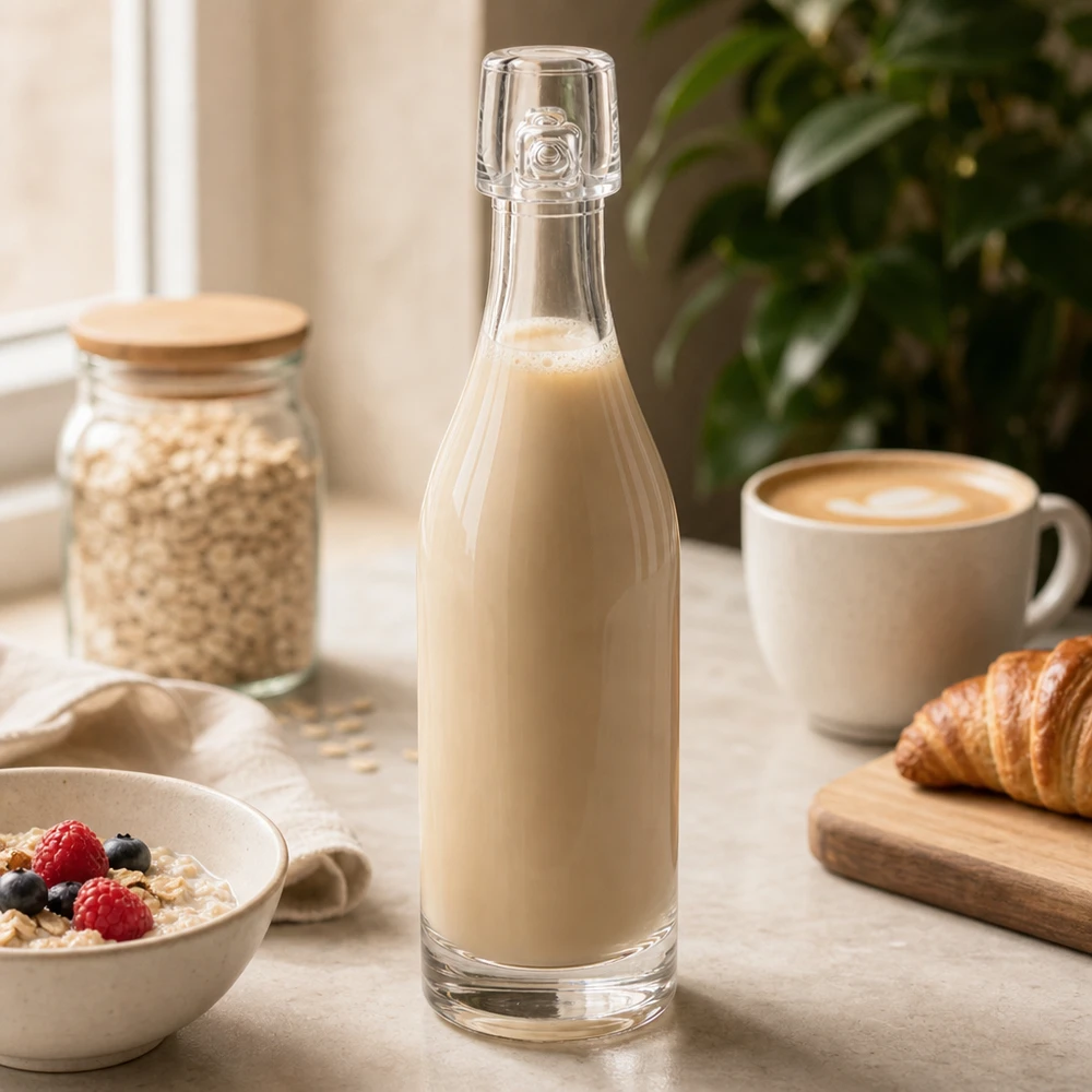 50 ml glazen fles UNiTWIST gevuld met havermelk tussen de ontbijtingrediënten Granenkom en croissant Keukentafel
