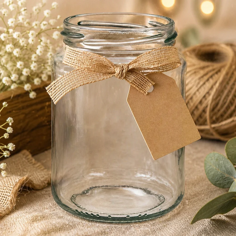 382ml rond glas zonder deksel (TO66) UNiTWIST Leeg rond glas 382ml met TO66 draad en bruine strik, rustieke decoratie met jute en bloemen