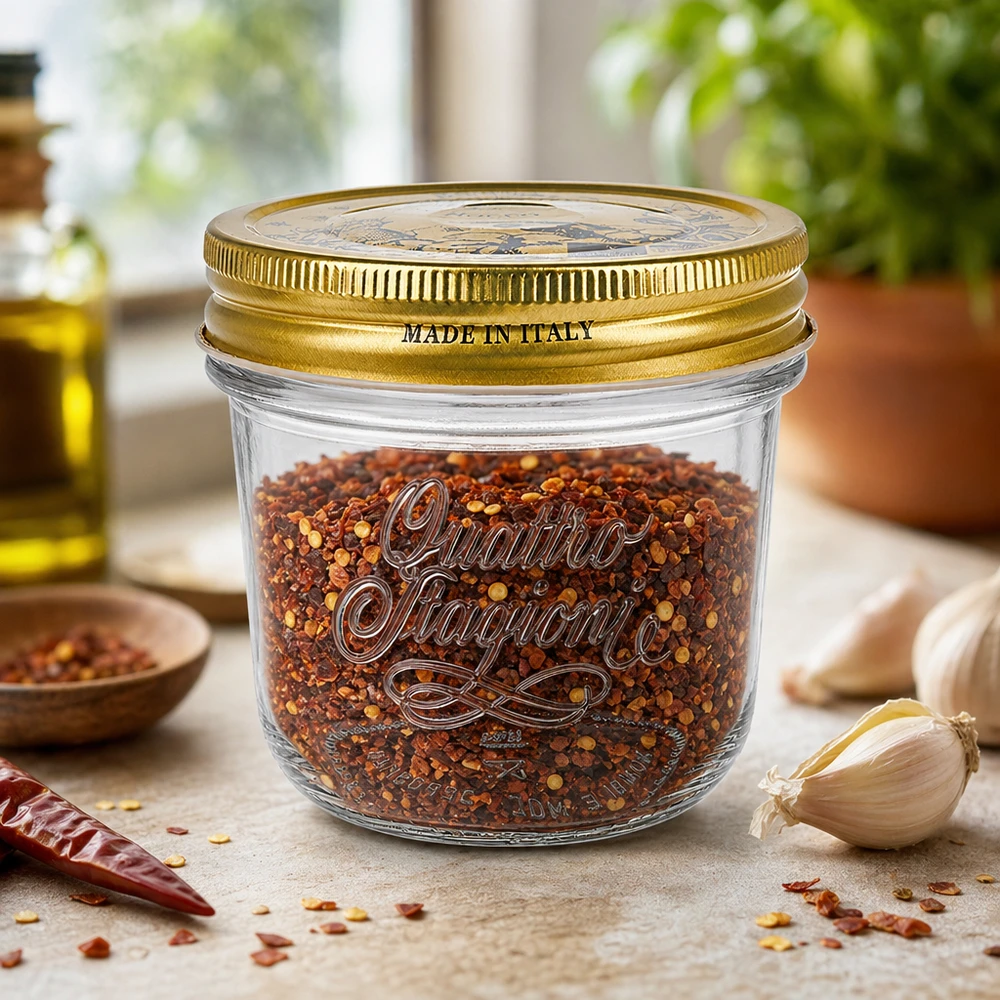 200ml "Quattro Stagioni" bekers met deksel 200 ml Quattro Stagioni bekers met gouden deksel gevuld met chilikruidenmix Made in Italy op keukenblad.