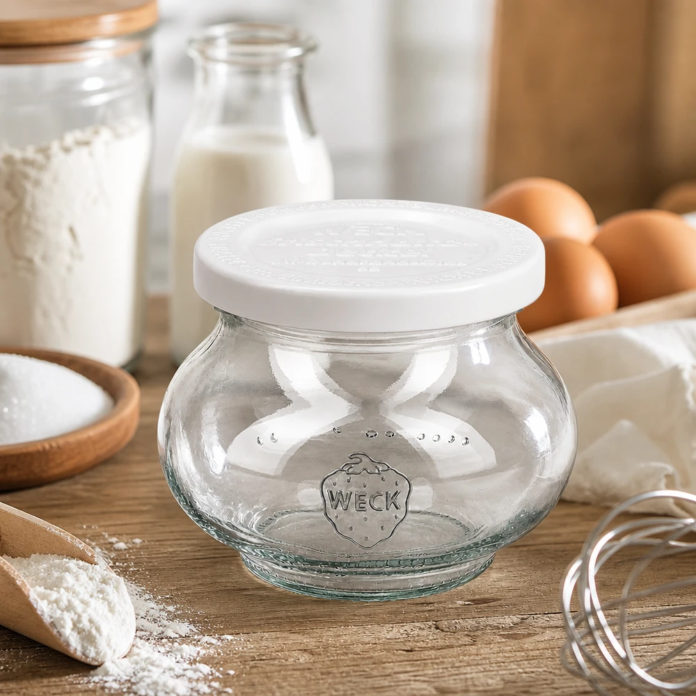WECK Schmuckglas 220ml leer in rustikaler Backküche mit Mehl, Eiern und Backzutaten - vielseitige Küchenhelfer