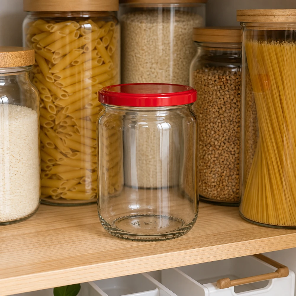 Cilindrische UNiTWIST-voorraadpot van 555 ml met rode deksel in een moderne keukenkast