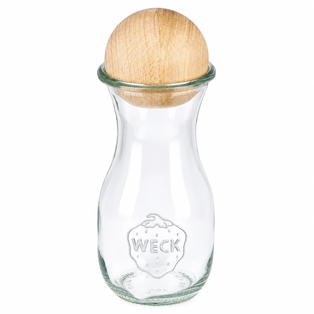 WECK sapfles 290ml RR60 van glas met houten beukenhouten bol als dop, klassiek ontwerp voor drankjes
