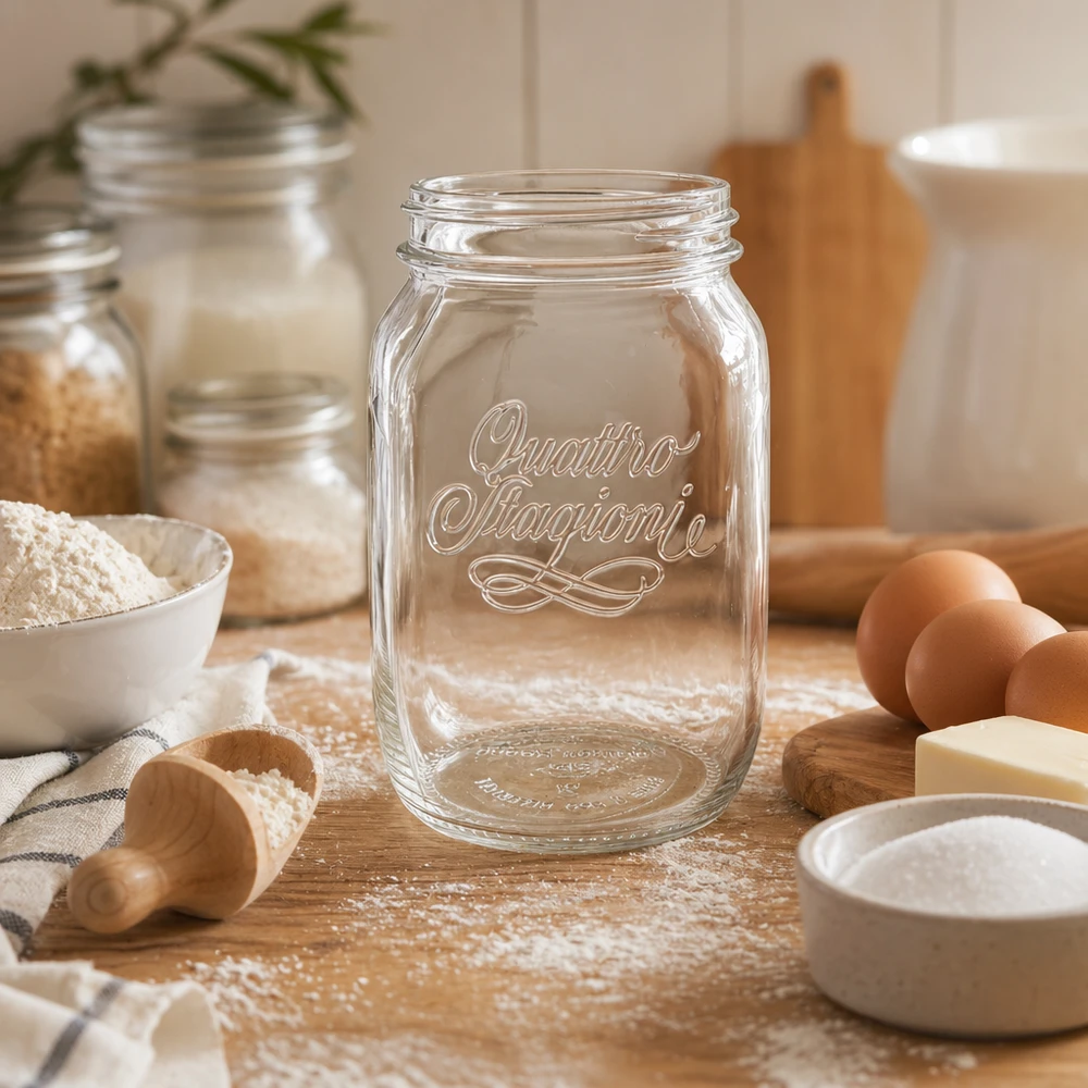 1000ml Quattro Stagioni huishoudpot leeg op houten tafel met bakingrediënten bloem eieren en keukengerei