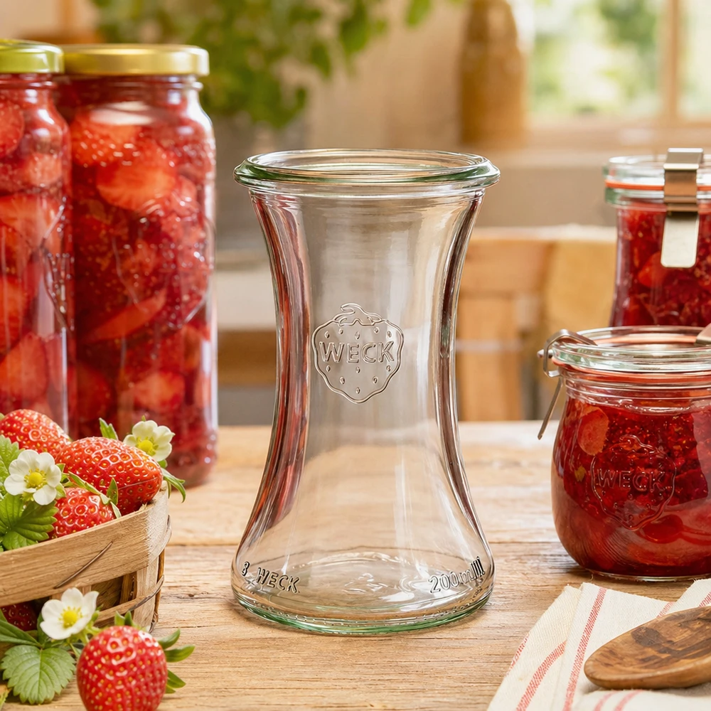 WECK RR60 delicatessenpot 200ml omringd door aardbeien en zelfgemaakte jam in een rustieke keuken
