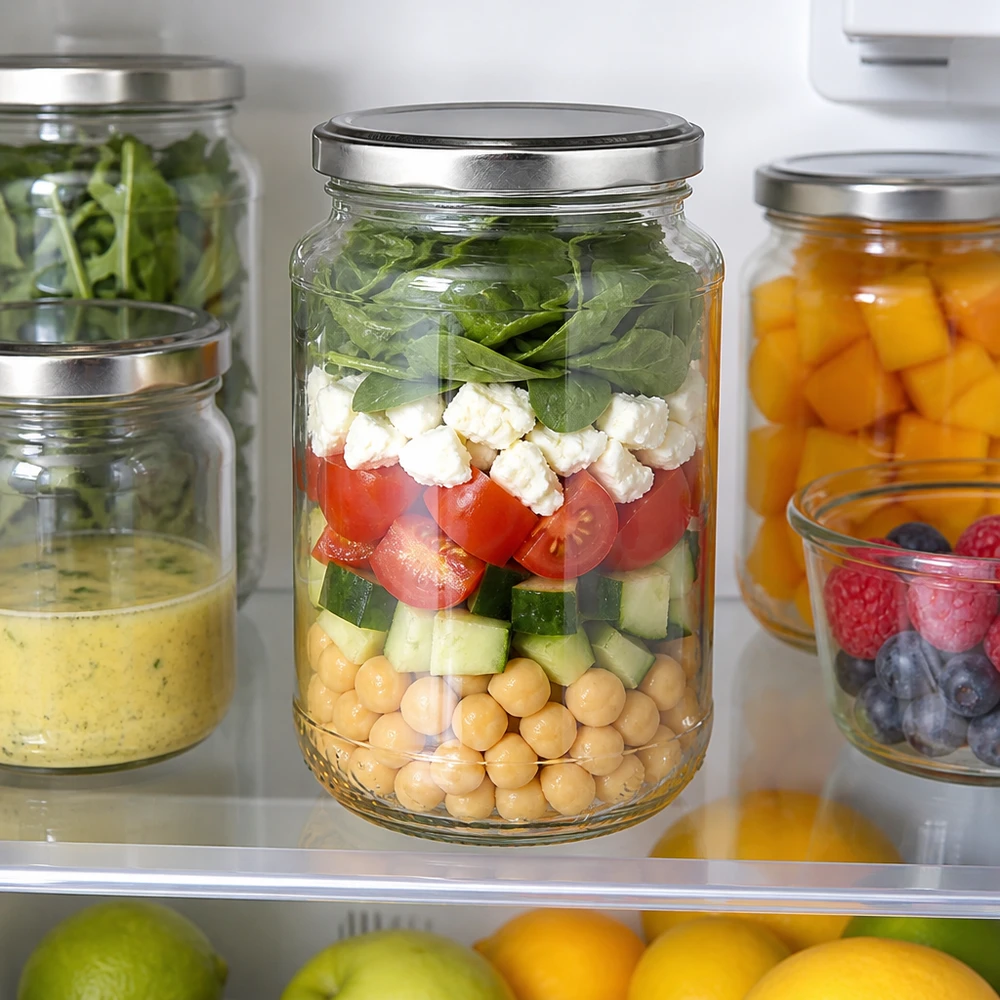 Doorzichtig inmaakglas van 320 ml met zilverkleurige BasicSeal-deksel voor het in lagen bewaren van salades in de koelkast