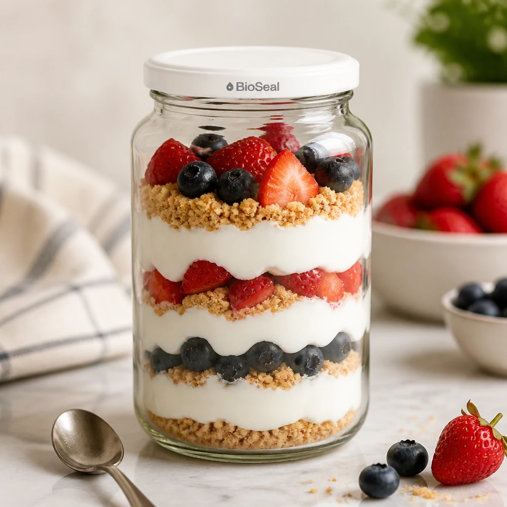 UNiTWIST Runda382 als dessertpotje - yoghurt in laagjes met bessen en granola in een BioSeal inmaakpotje