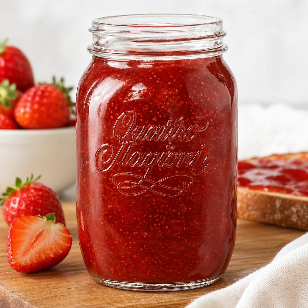 Quattro Stagioni huishoudpot van 1000 ml gevuld met rode aardbeienjam naast verse aardbeien op een houten plank