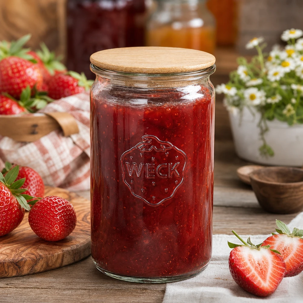 340ml cilinderglas WECK RR60 met hout deksel WECK voorraadpot 340ml gevuld met aardbeienjam naast verse aardbeien op een rustieke houten tafel