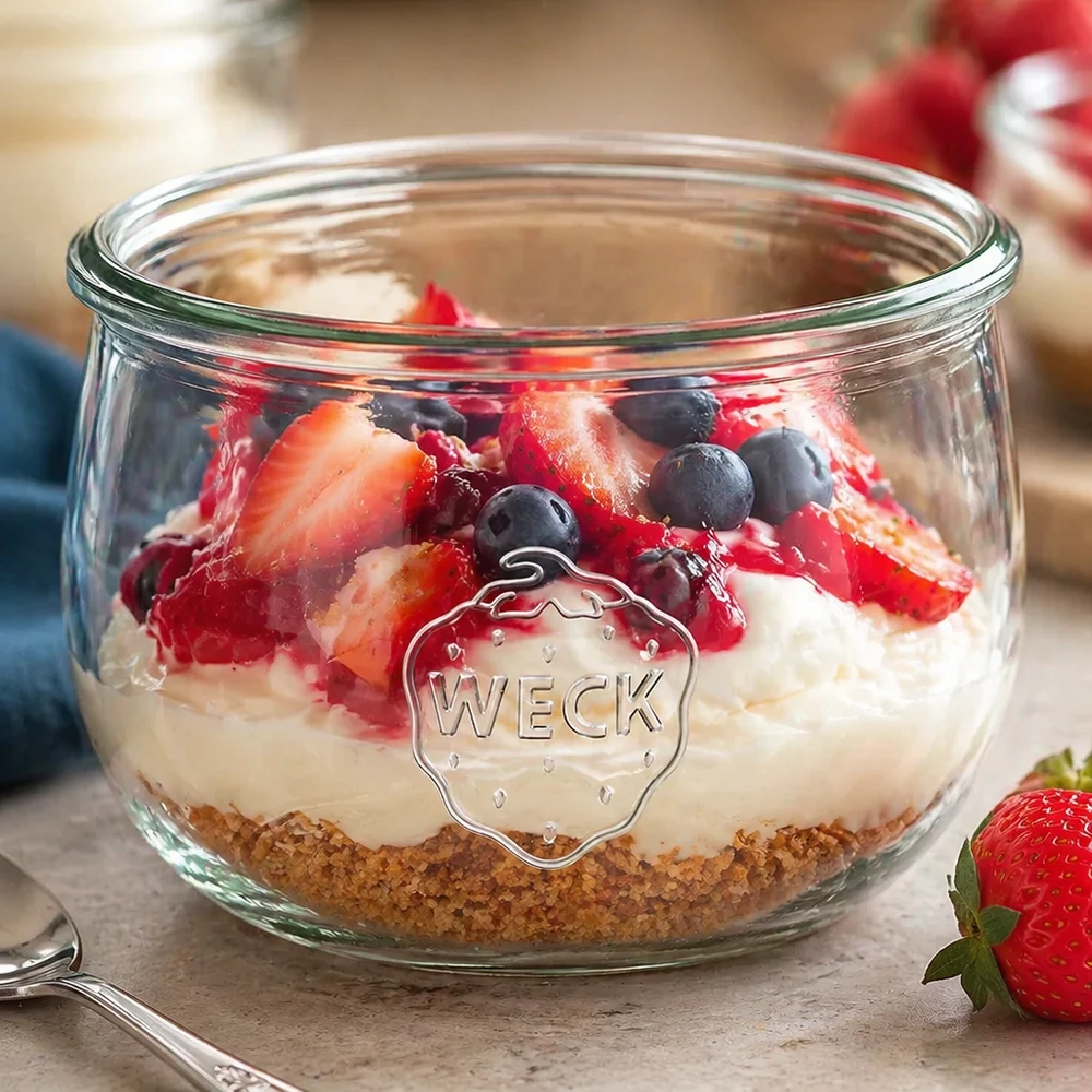WECK 580 ml tulp pot RR100 met gelaagd dessert van biscuit basis room en verse bessen aardbeien bosbessen