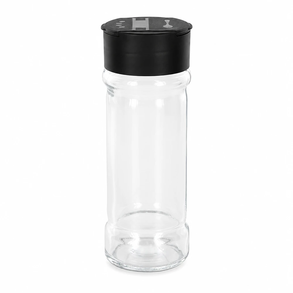 Zout-/kruidenpotje 100 ml met dubbele strooier, zwart Cilindrisch helder glas van 100 ml met zwarte strooikop voor in de keuken en het huishouden