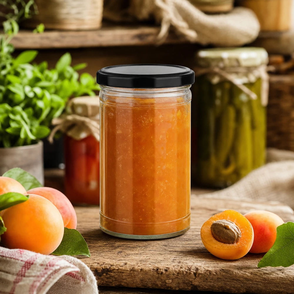 1053ml beker met BasicSeal deksel zwart UNiTWIST 1053ml mason jar met zwart deksel gevuld met abrikozenjam in rustieke keuken met vers fruit