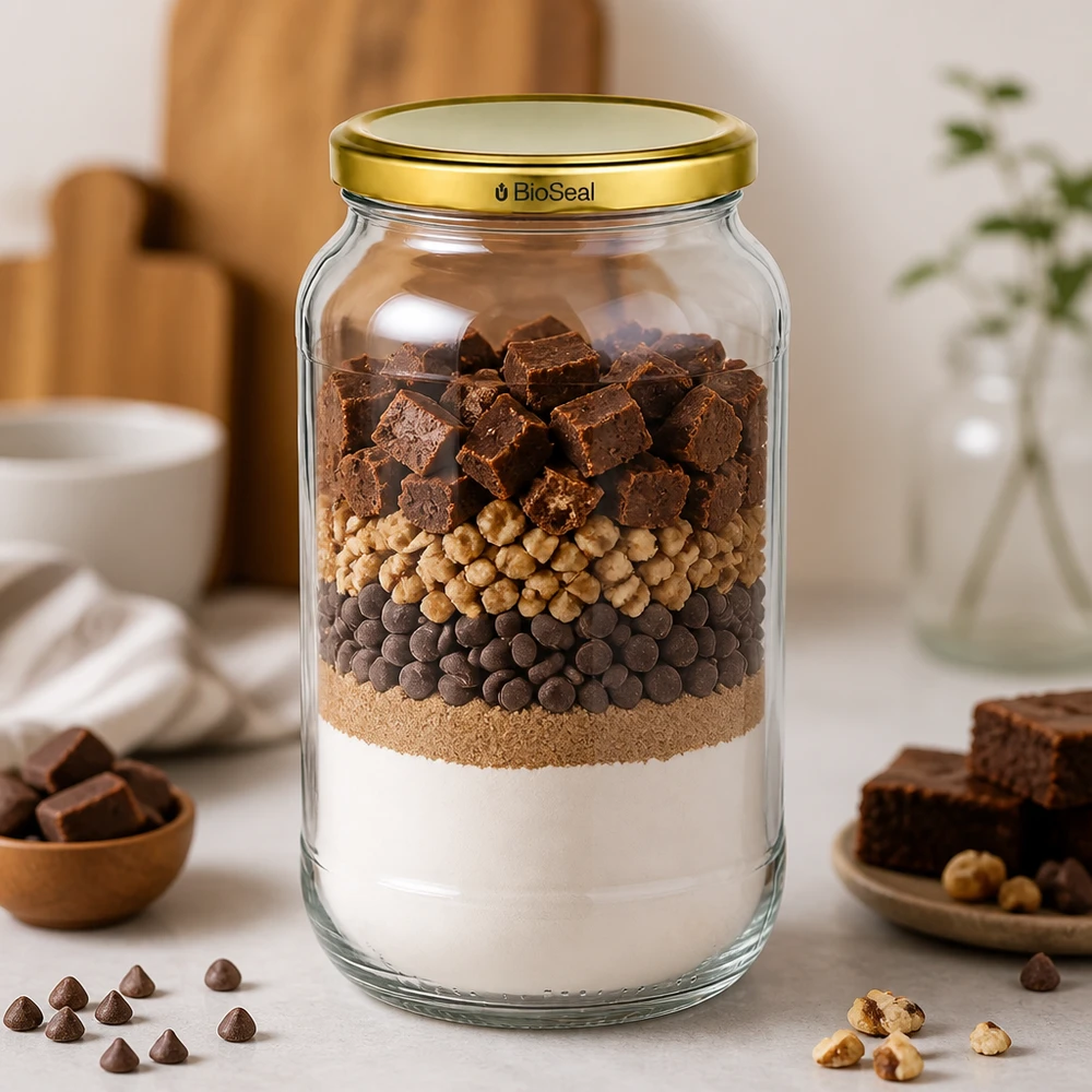 UNiTWIST Runda1062 Lagenpot brownie mix chocolade noten TO82 BioSeal gouden deksel bakmix voorraadpot