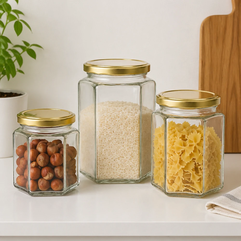 Honingpot 500 g met gouden deksel BasicSeal UNiTWIST Drie 500g honingpotten BasicSeal verschillende maten gevuld met gouden deksels noten rijst pasta bewaren