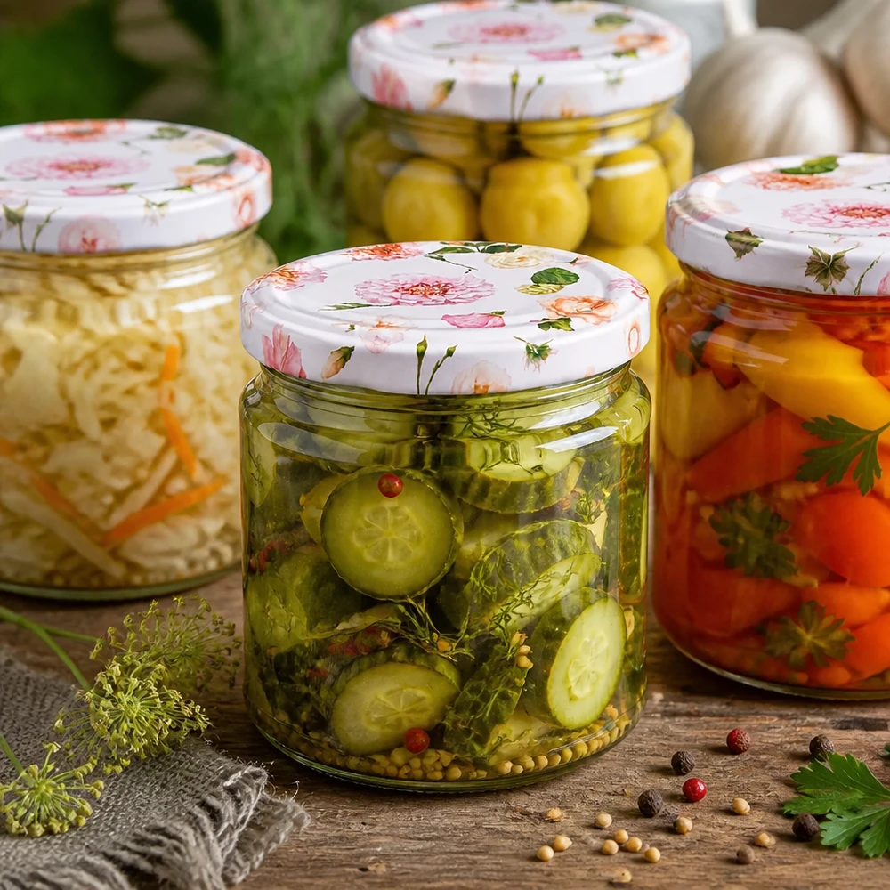 Ronde pot van 330 ml + deksel BasicSeal roze bloem UNiTWIST Inmaakpotten 330ml met gebloemde deksel gevuld met ingemaakte groenten komkommers olijven op houten tafel