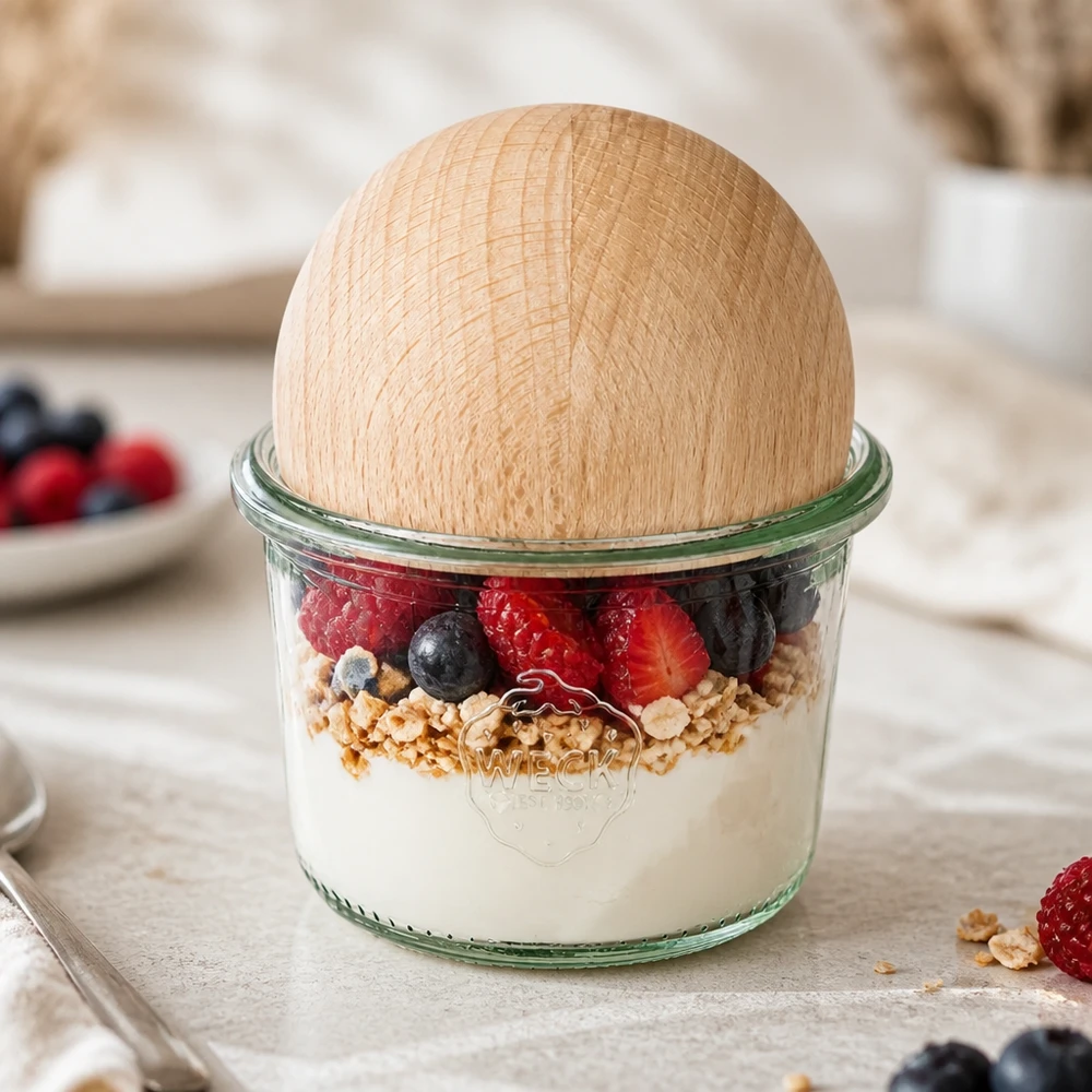 80ml stortglas WECK RR60 met houten bal WECK 80ml RR60 bekers met beukenhouten bol gevuld met yoghurt, granola en bessen als ontbijtparfait